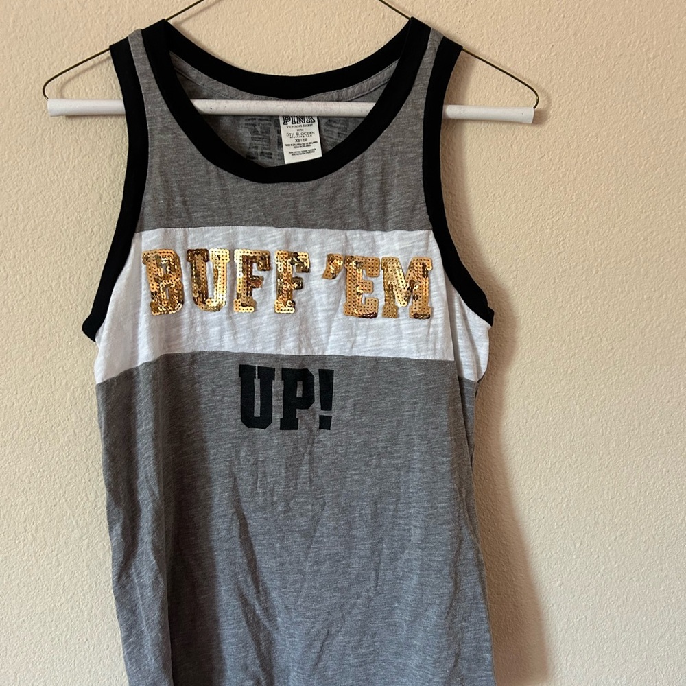 Gray and White Tank Top with Gold Sequin Letters